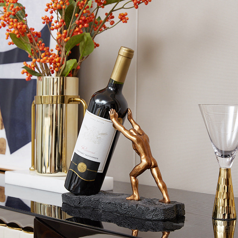 Wine Bottle Holder | Pushing Figure, Textured Slab Base