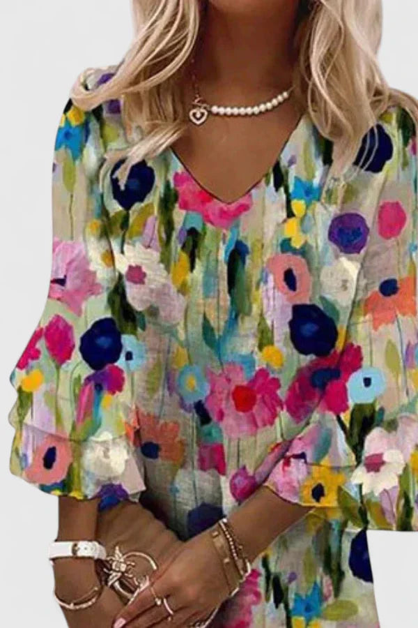 Women's Floral Mini Dress – V-Neckline, Plus Size Available