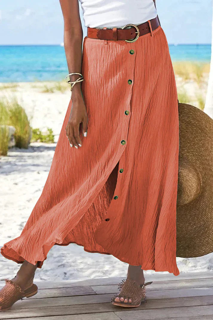 Women's Maxi Skirt – High Waist Crinkle Texture, Button Front Design