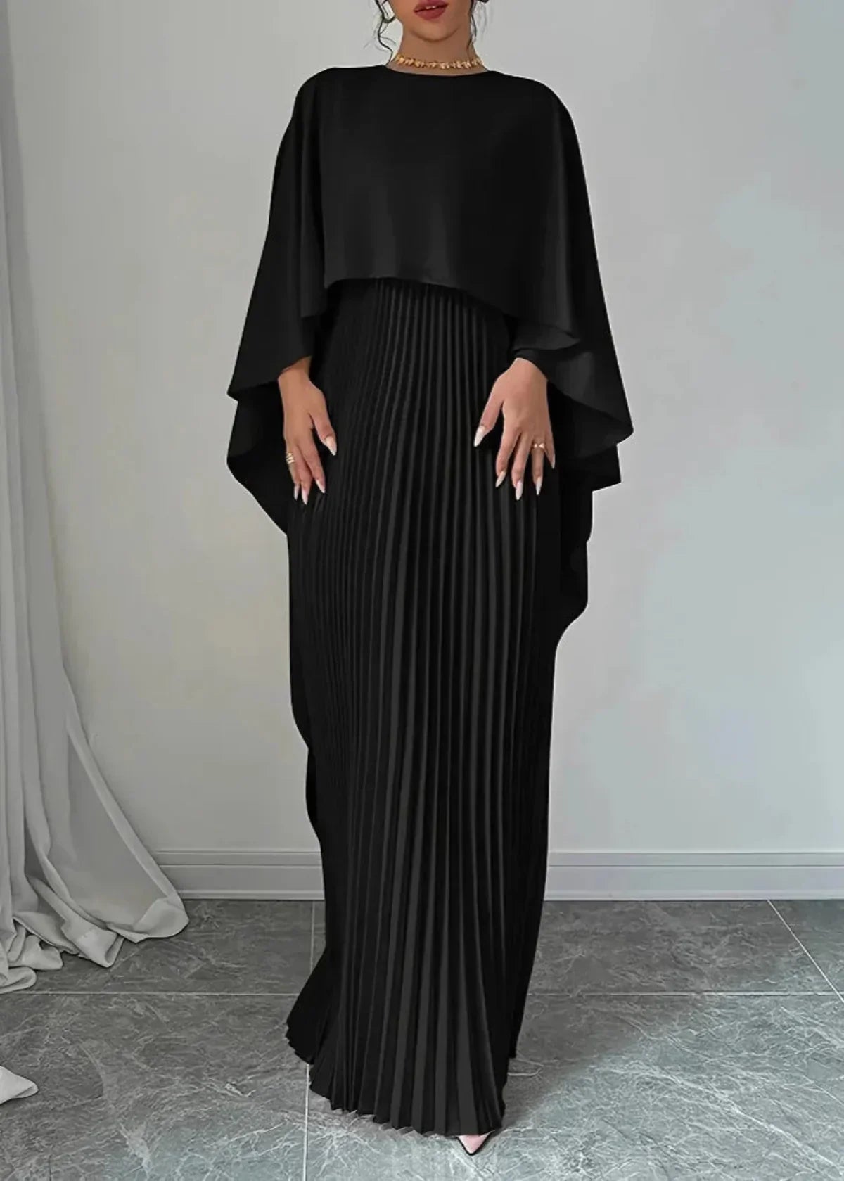 Women’s Pleated Cape Maxi Dress – Lightweight Formal Summer Style