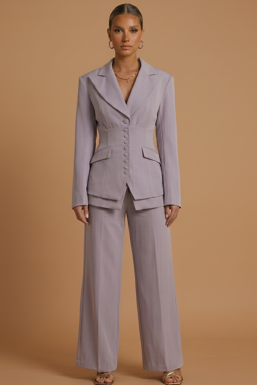 Women's Peaked Lapel Blazer Suit – Wide-Leg Trouser Set