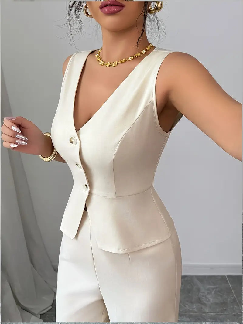 Women’s Wide Leg Trousers – Tailored V-Neck Waistcoat Set