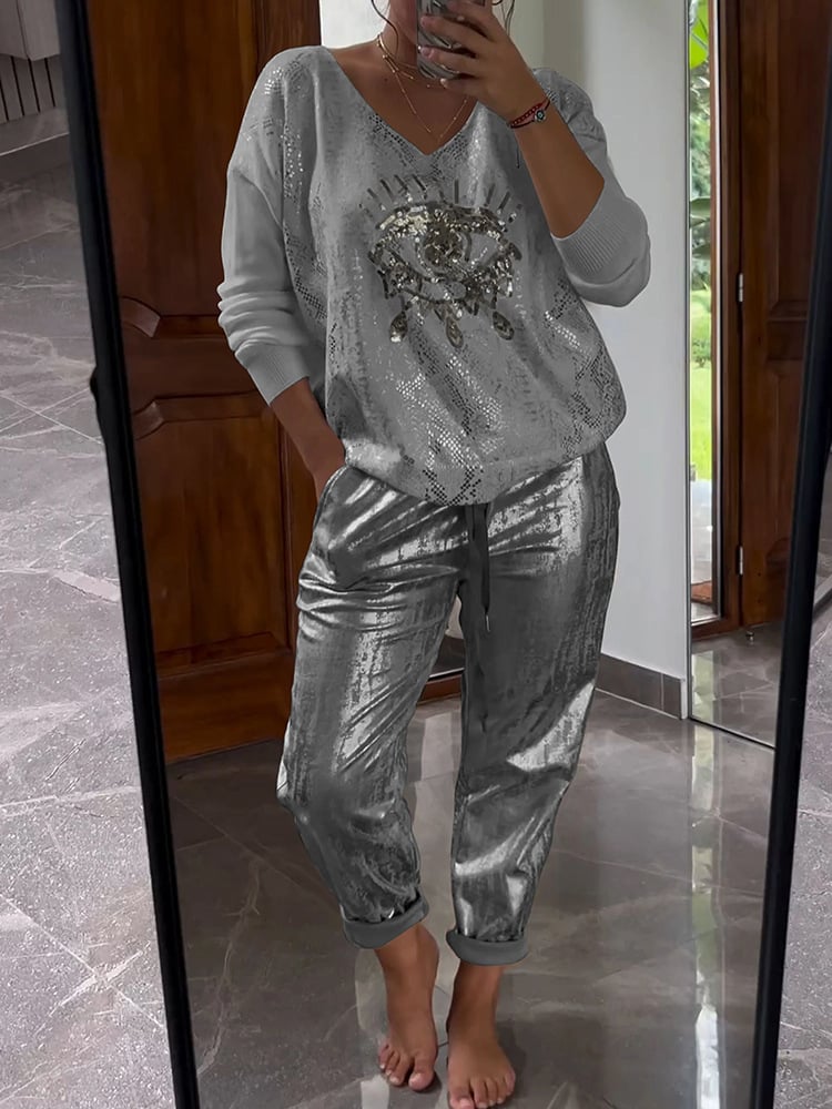 Women's Blouse and Pants Set | Glittering Shine & V-Neck Style