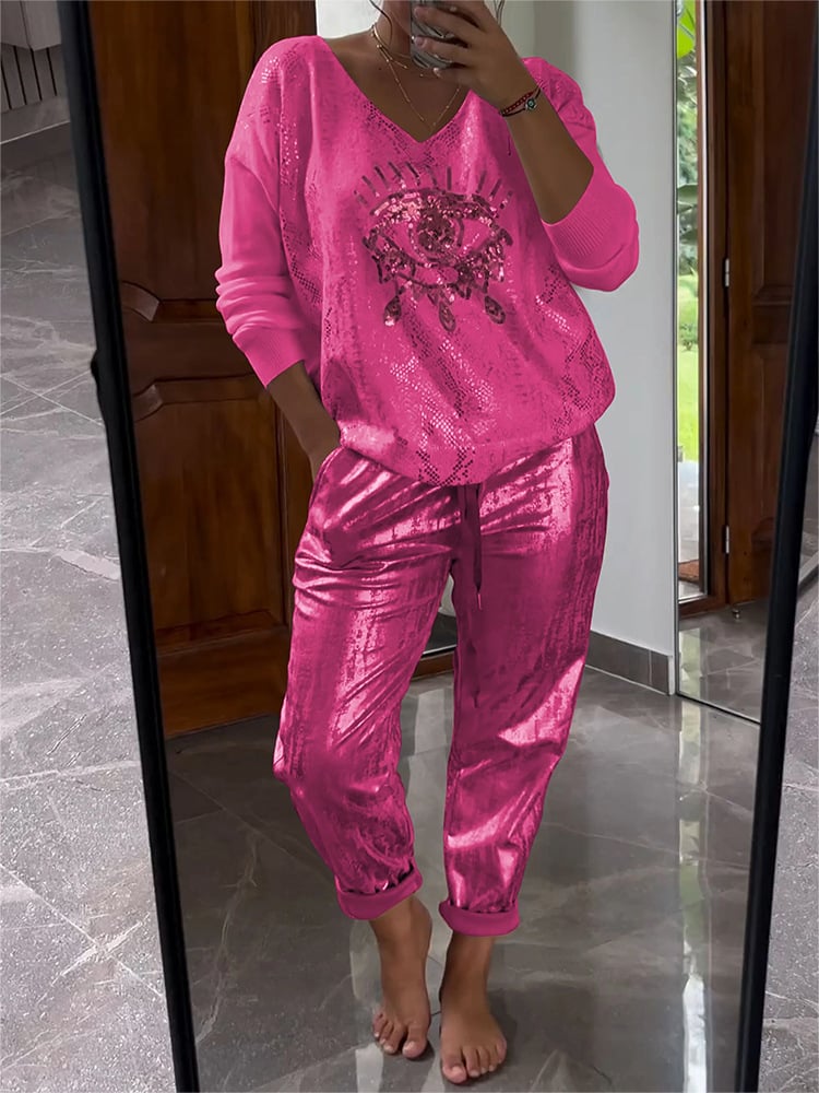 Women's Blouse and Pants Set | Glittering Shine & V-Neck Style