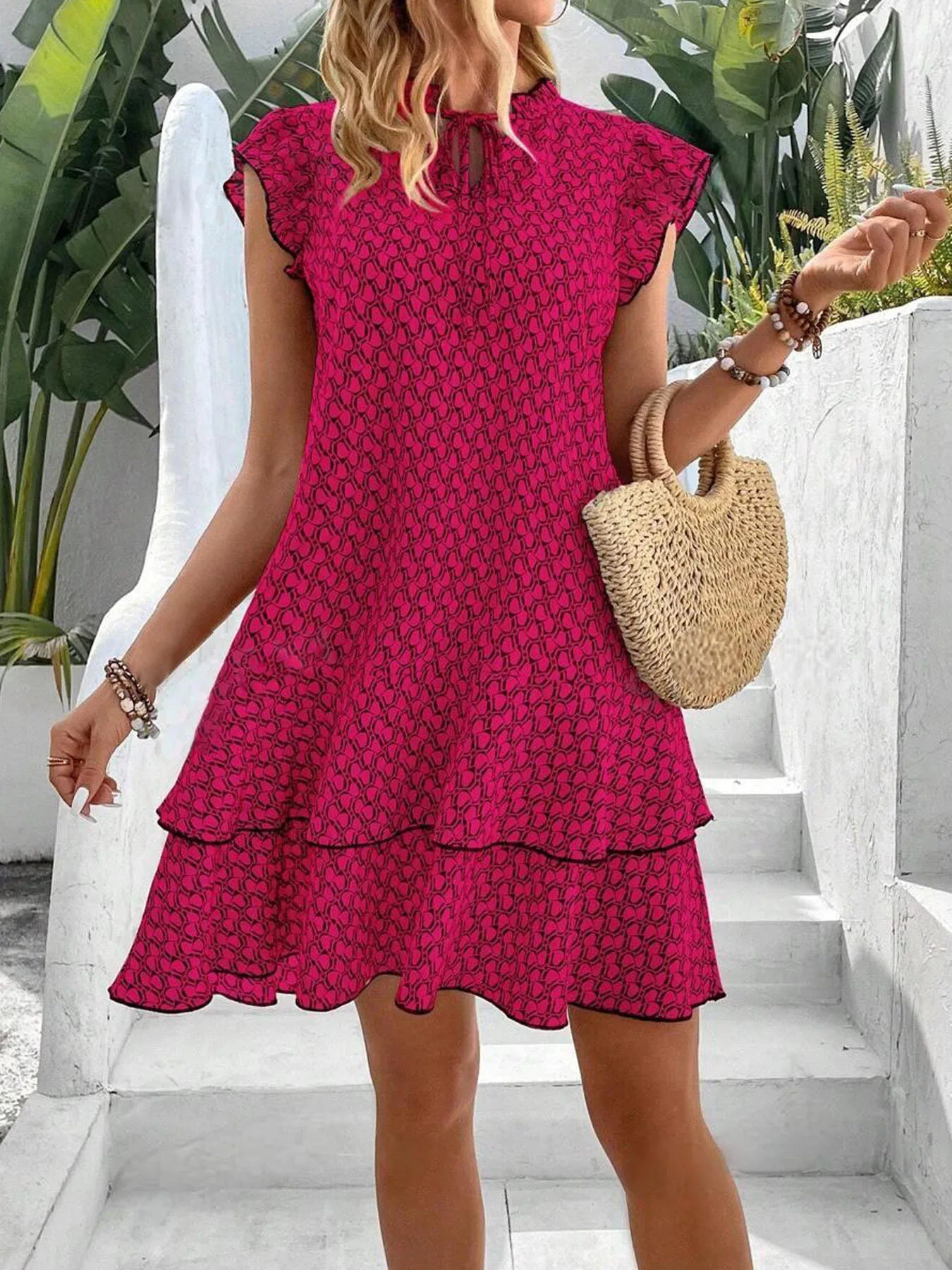 Women's Boho Mini Dress – Polyester, V-Neck Flounced Hem