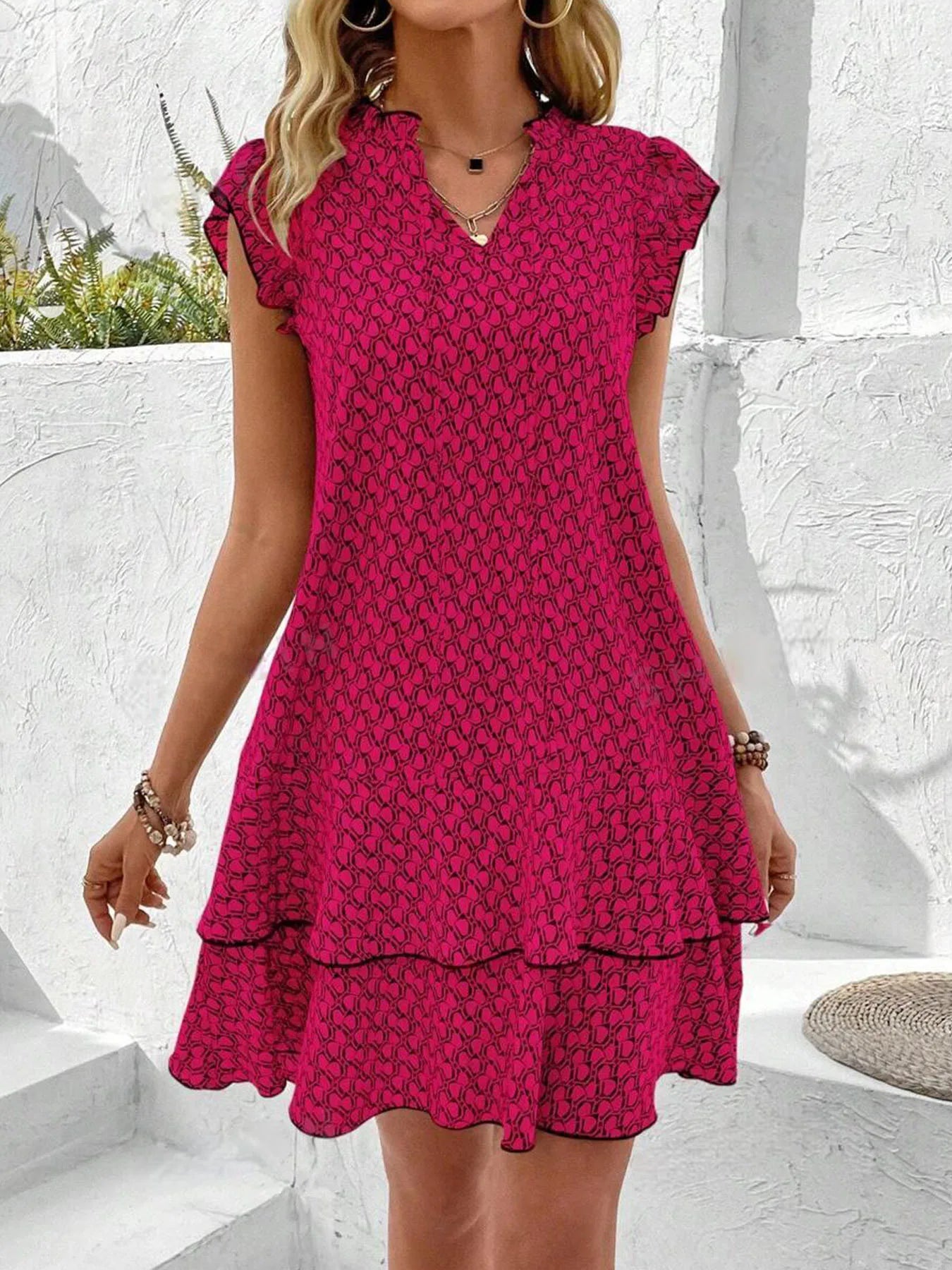 Women's Boho Mini Dress – Polyester, V-Neck Flounced Hem