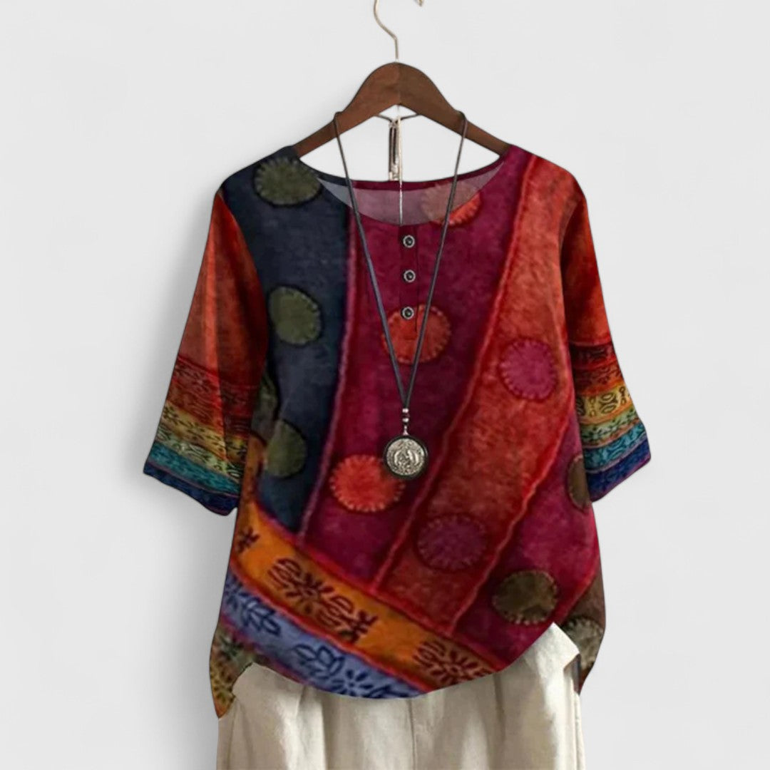 Women's Boho Patchwork Top – Relaxed Fit, Travel-Ready Fabric