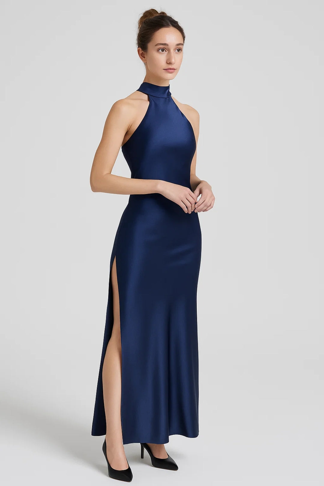 Women's Halter Neck Maxi Dress – Flowing Skirt with Side Slit Design