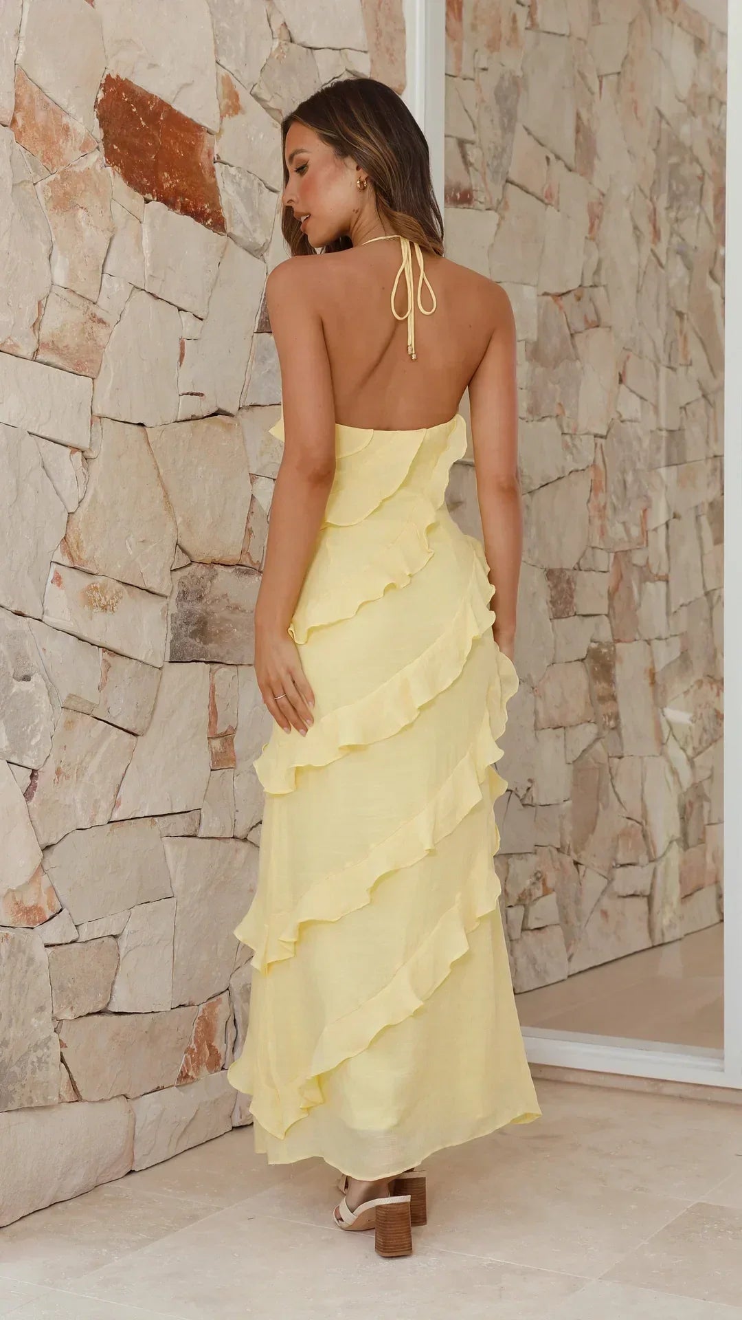 Women's Halter Neck Maxi Dress – Tiered Ruffle Skirt