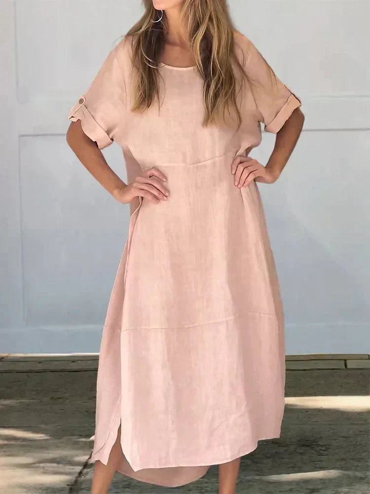 Women's Linen Blend Midi Dress – Relaxed Fit, Everyday Style