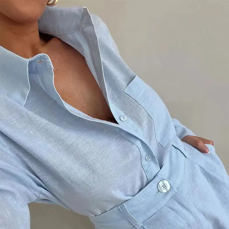 Women’s Linen Shirt and Shorts Set – Oversized Relaxed Fit with Flexible Waistband