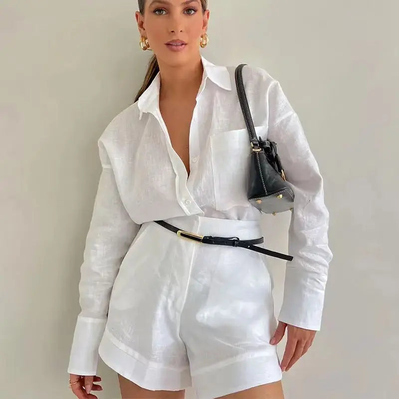 Women’s Linen Shirt and Shorts Set – Oversized Relaxed Fit with Flexible Waistband