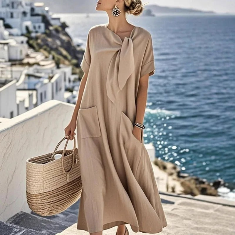 Women's Maxi Dress – Chic Neck Tie, Functional Pockets, 100% Polyester