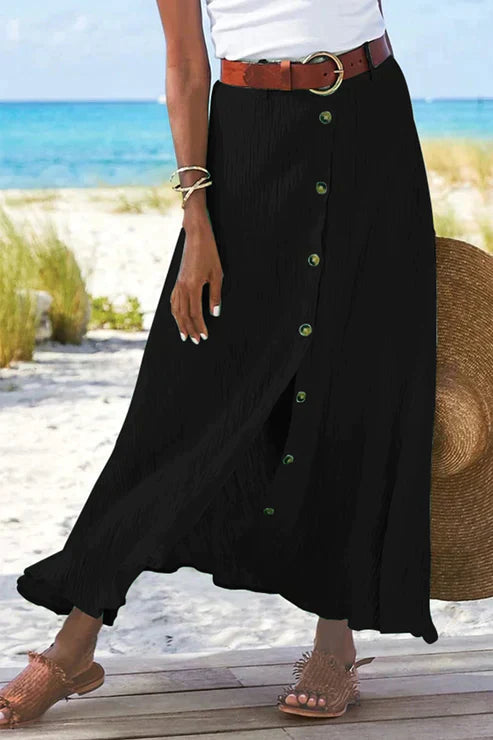 Women's Maxi Skirt – High Waist Crinkle Texture, Button Front Design