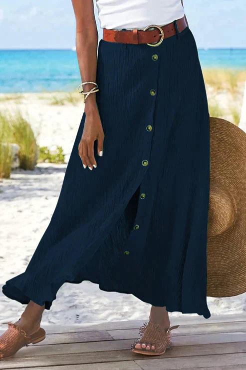 Women's Maxi Skirt – High Waist Crinkle Texture, Button Front Design