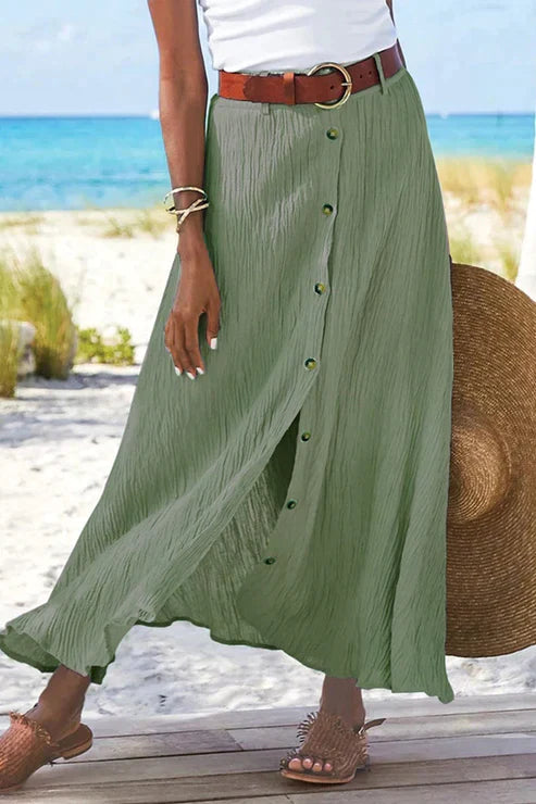 Women's Maxi Skirt – High Waist Crinkle Texture, Button Front Design