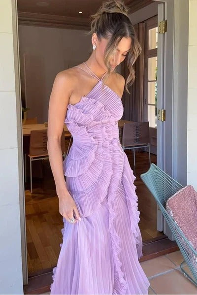 Women's Ruffle Maxi Dress – Adjustable Tie Back Neckline