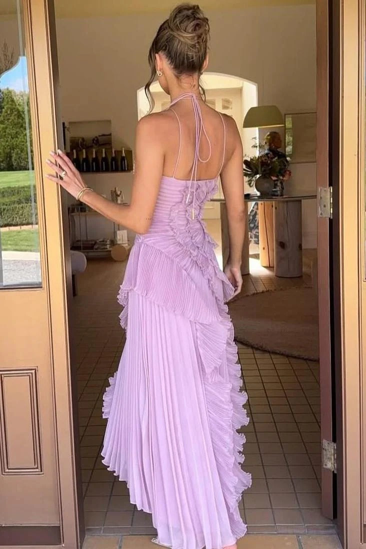 Women's Ruffle Maxi Dress – Adjustable Tie Back Neckline