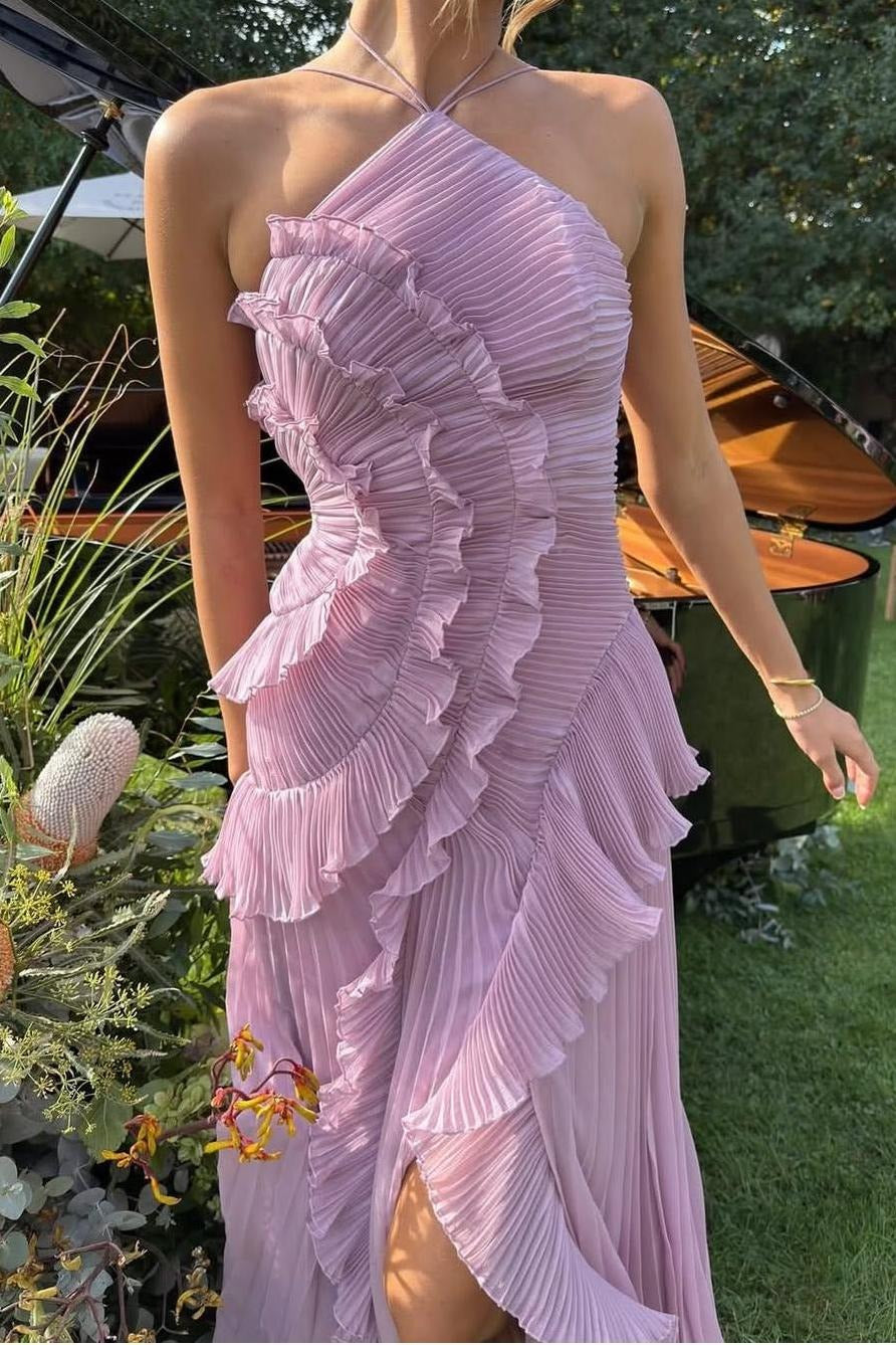 Women's Ruffle Maxi Dress – Adjustable Tie Back Neckline