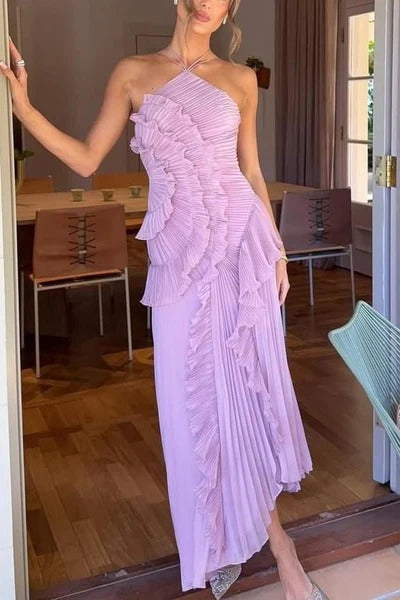 Women's Ruffle Maxi Dress – Adjustable Tie Back Neckline