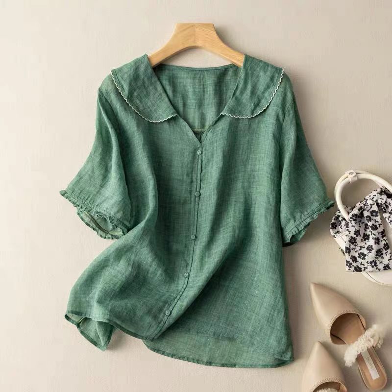 Women's Vintage Blouse – Soft Fabric, Scalloped Collar, Relaxed Fit