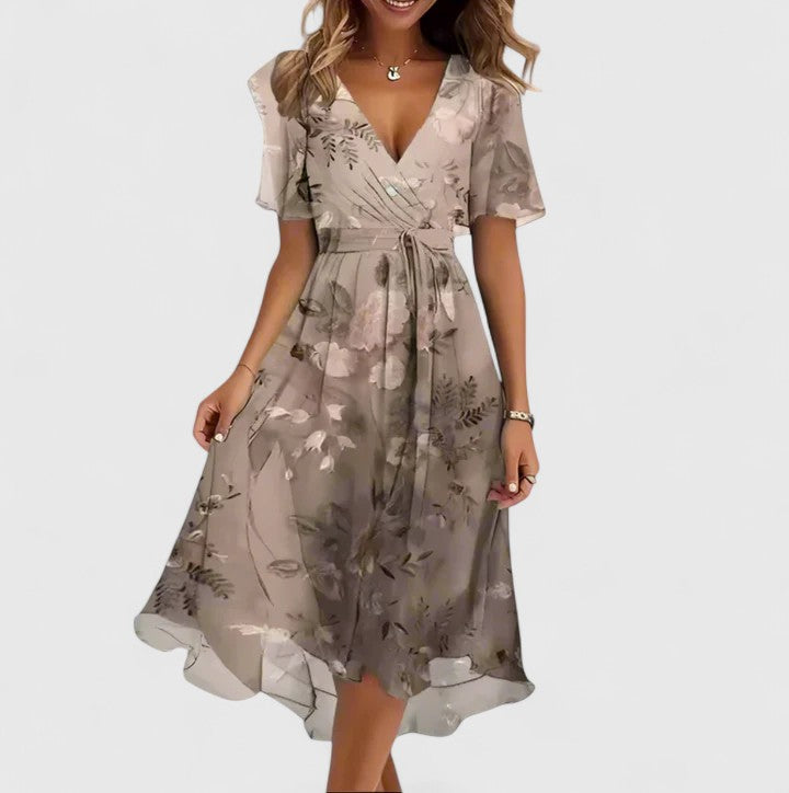 Women's Floral Dress – 100% Polyester, Cinched Waist, V-Neckline