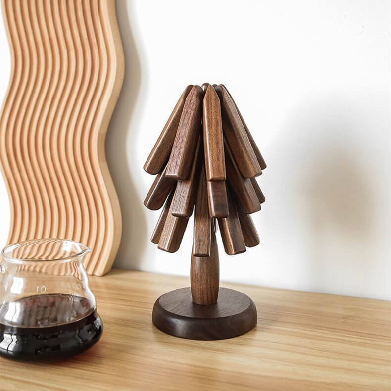 Wood Tree Design Trivet | Walnut Folding Coaster