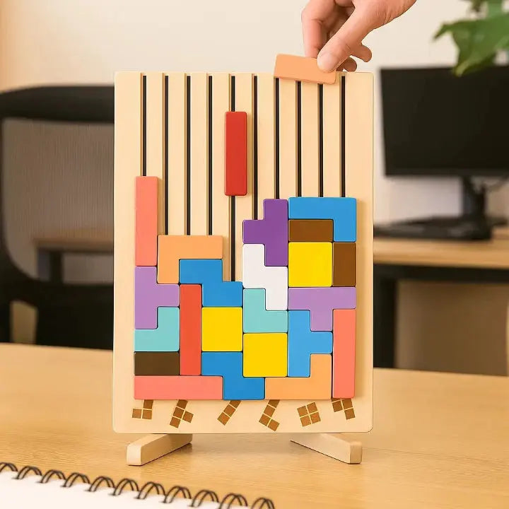 Wooden Block Puzzle | 40+ Tetris-Shape Pieces with 10 Pattern Cards | Upright Desk Stand for Quick Focus Breaks