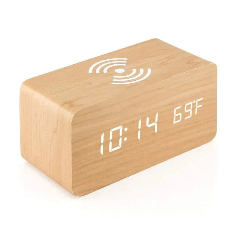 Wooden Digital Alarm Clock | Wireless Charging & Voice Activation