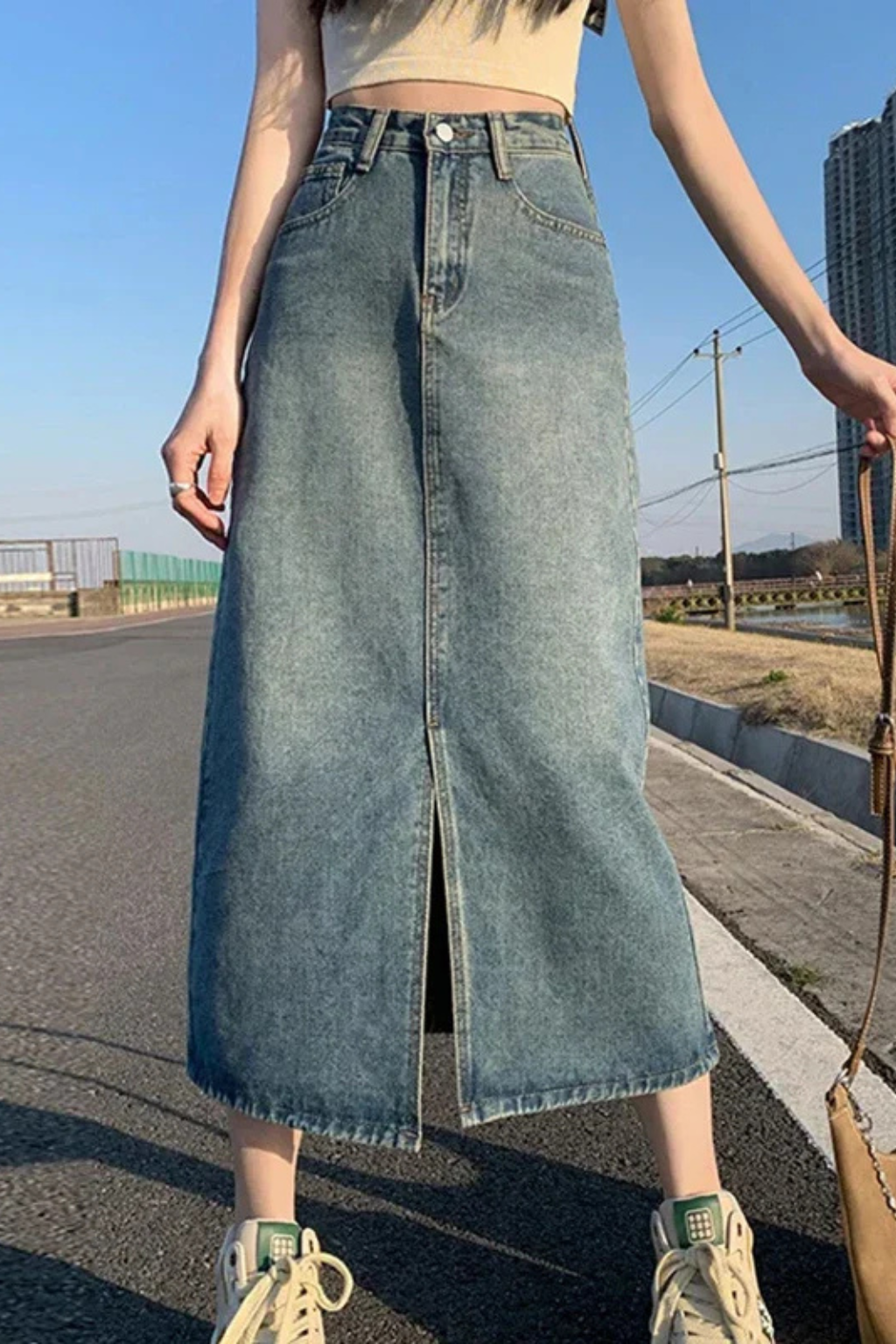 Wren | Women's High Waist Denim Maxi Skirt – A-Line Front Split Design 4