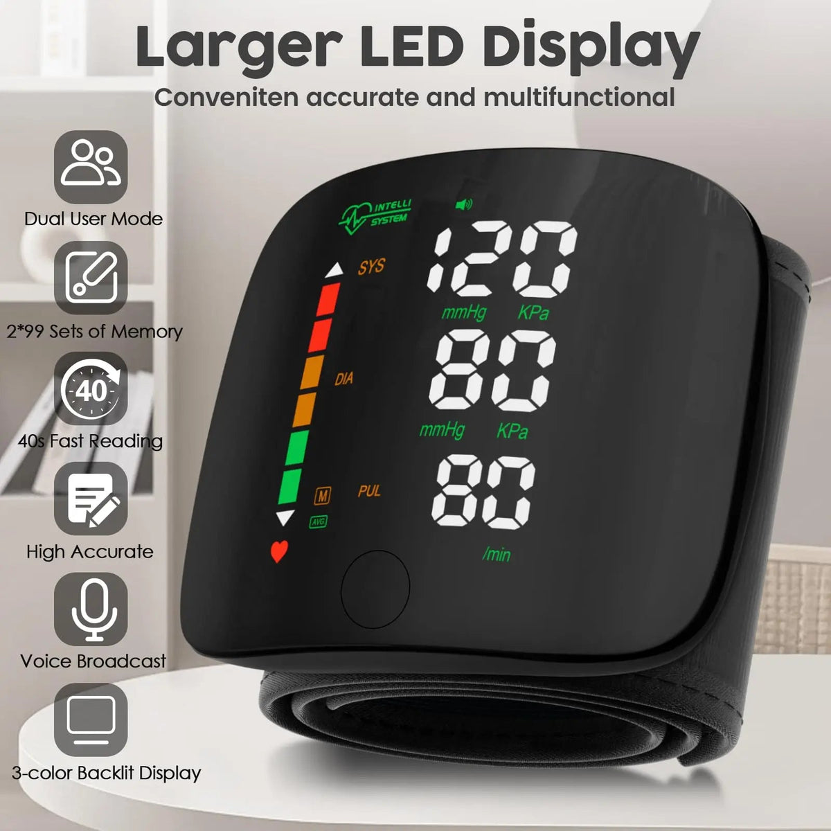 Wrist BP Monitor | Digital Blood Pressure Cuff with Large LED Display and Memory