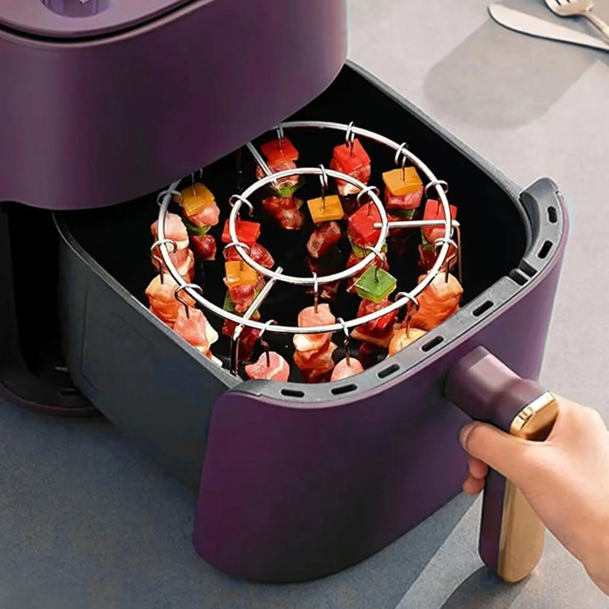 Air Fryer Grill Rack Stainless Steel | 360° Hot Air Circulation | Smoke-Free, Low-Fat Grilling with 24 Skewers 2