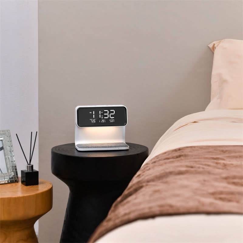 Alarm Clock Qi Wireless Charging Nightstand Station LED Digital Fabric White - Image 5
