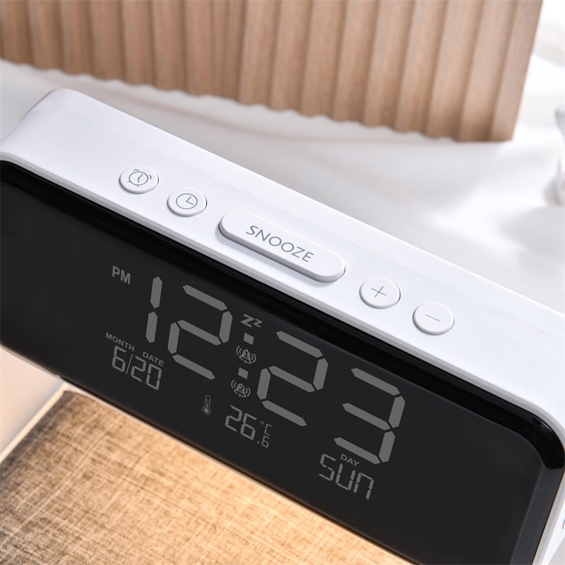 Alarm Clock Qi Wireless Charging Nightstand Station LED Digital Fabric White - Image 8