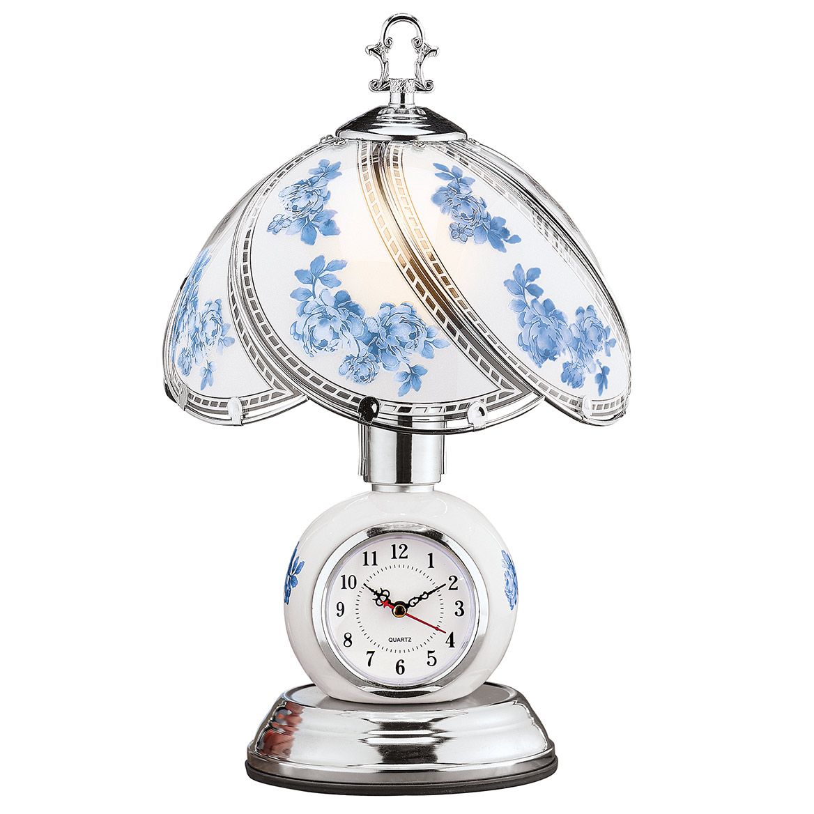 Floral Glass Touch Table Lamp with Clock, 23 cm Dia x 37 cm H | Blue or Lavender | 3-Level Touch Dimmer, Silver-Toned Base 2