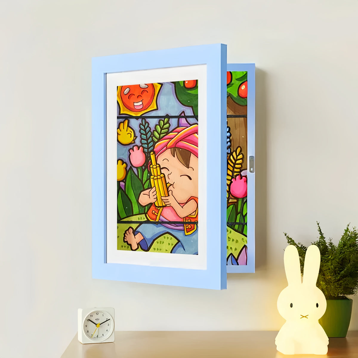 Kids Artwork Display Frame | Hidden Storage for 150 Pieces, Fits A4/US Letter | Magnetic Swap, White/Black/Wood 13