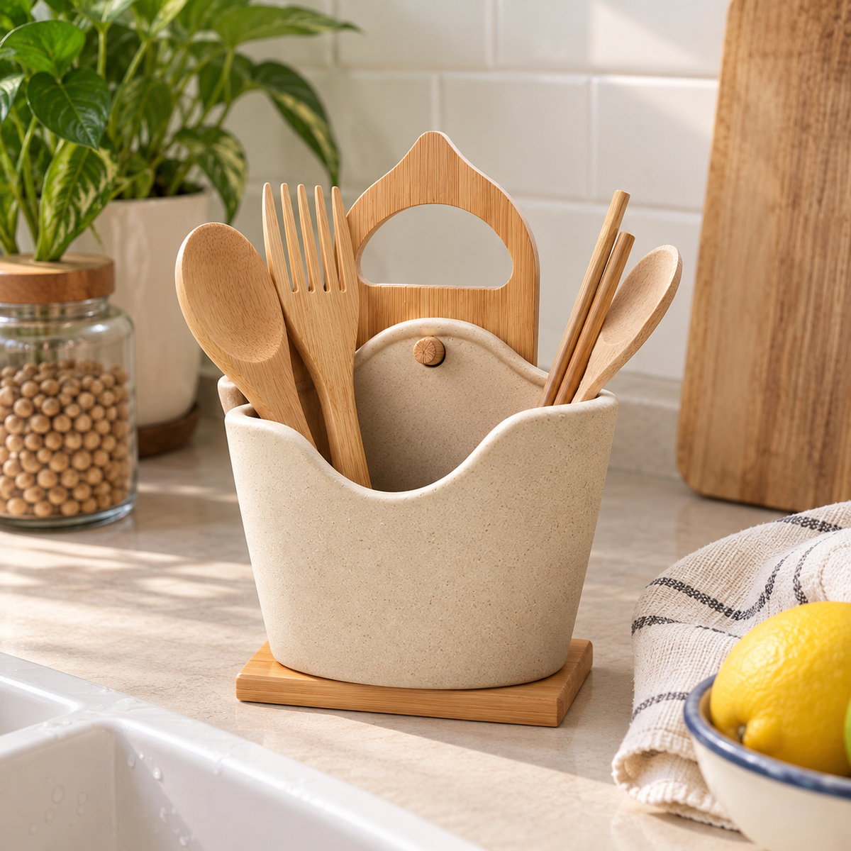 Ceramic Silverware Container Set 2 Pieces | Japanese-Inspired Minimalist Style | Upright Countertop Utensil Storage 6