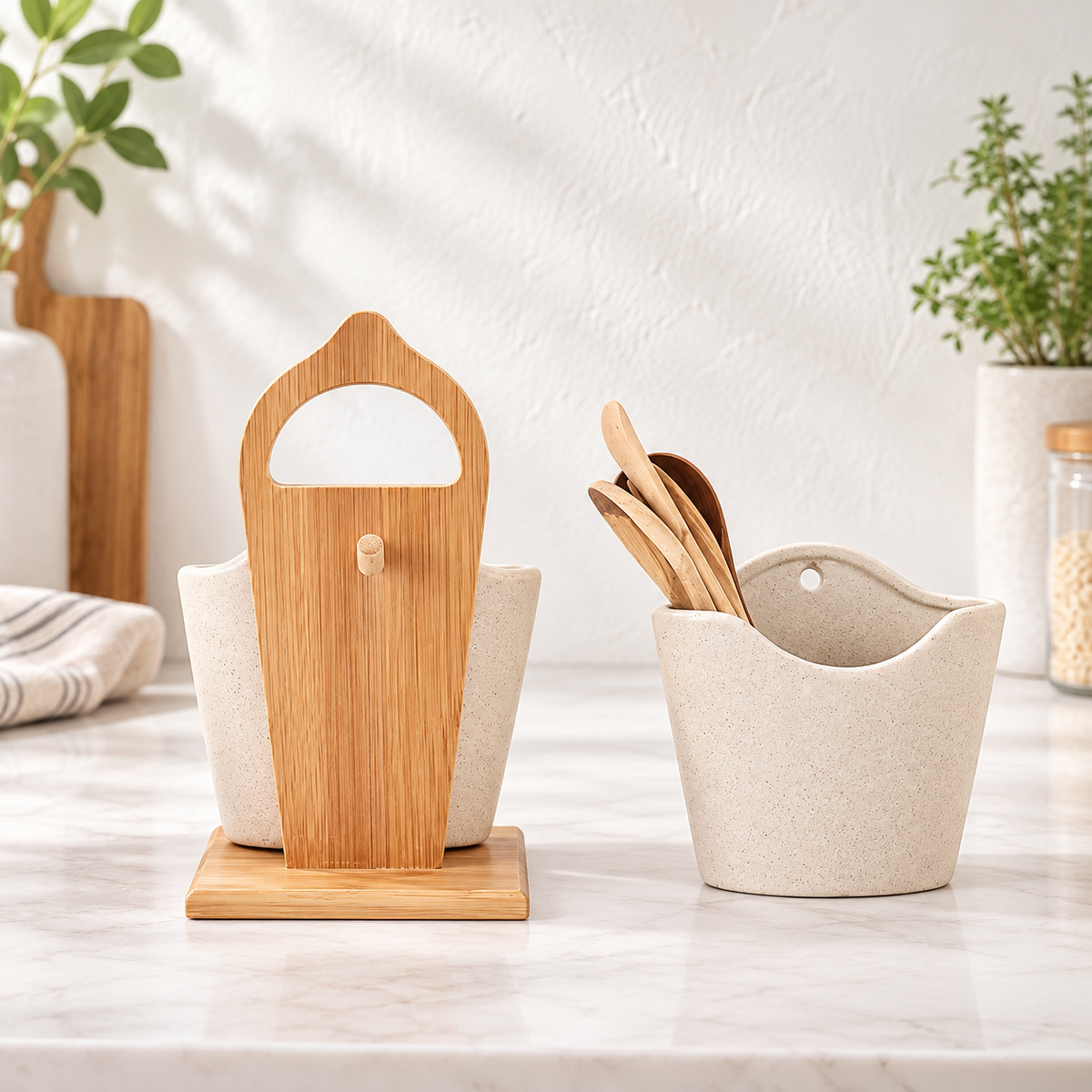 Ceramic Silverware Container Set 2 Pieces | Japanese-Inspired Minimalist Style | Upright Countertop Utensil Storage 2