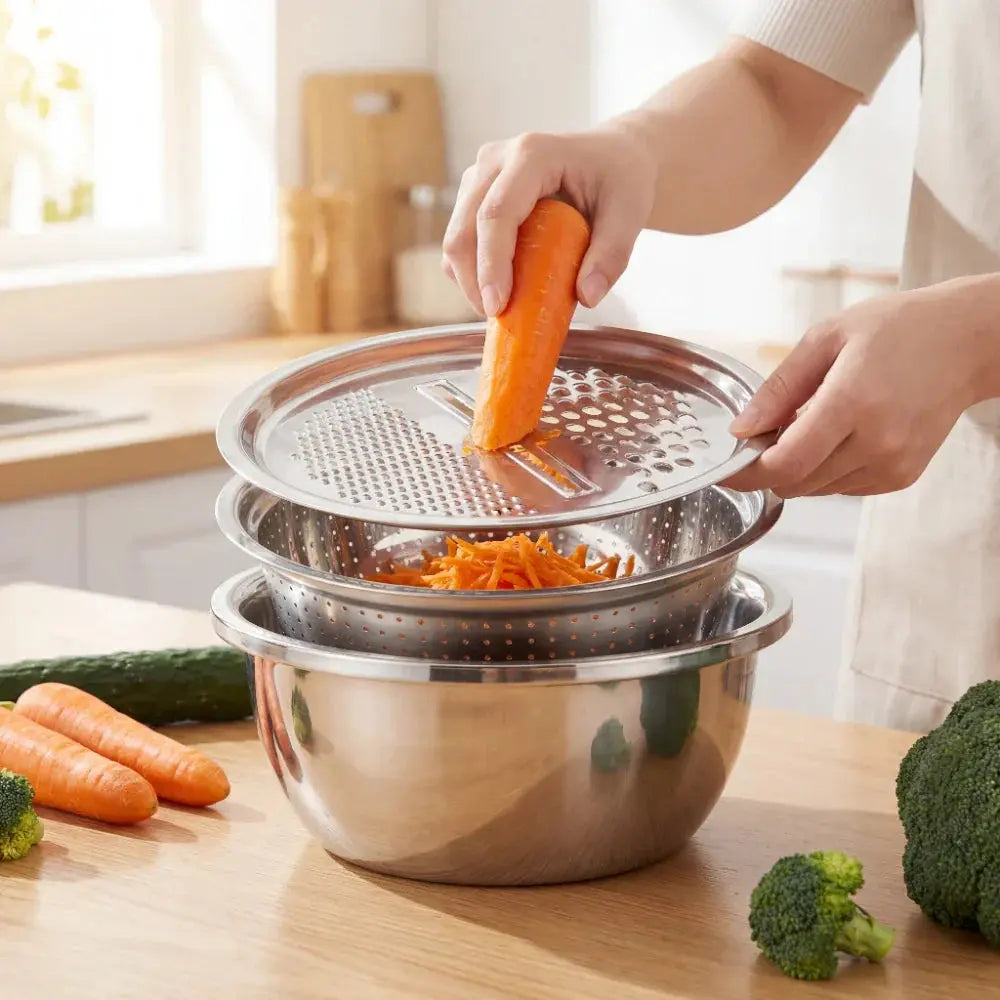 Mixing Bowl Set Stainless Steel | Built-In Sieve Insert and Grater Lid | Stackable, Rust-Resistant, Dishwasher Safe 7
