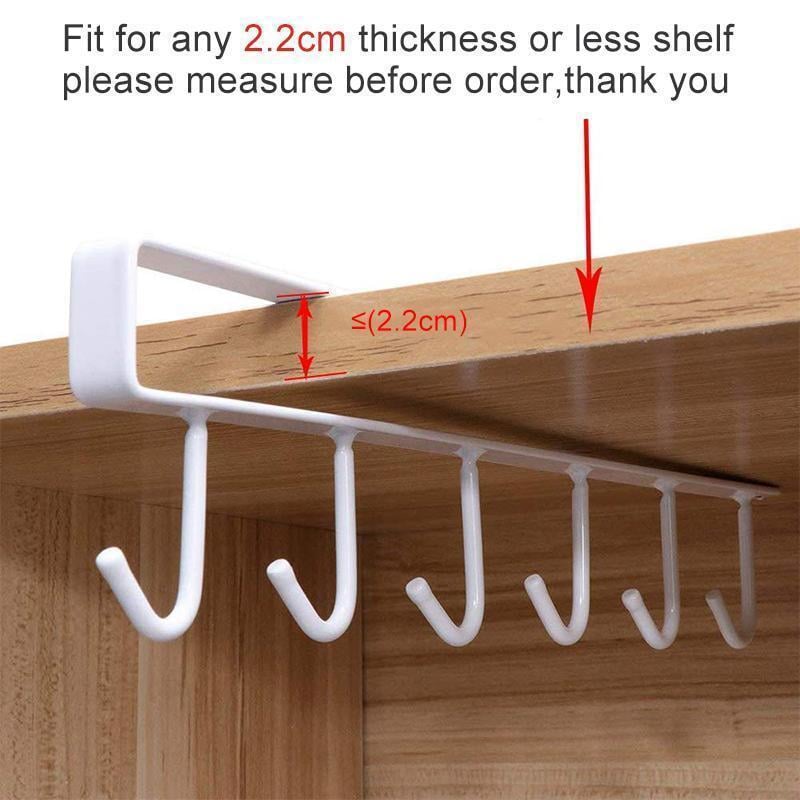 Under-Cabinet Hook Rack Steel | 6 Hooks No-Drill Slide-On Mount | Saves Counter and Wall Space, Rust-Resistant 6