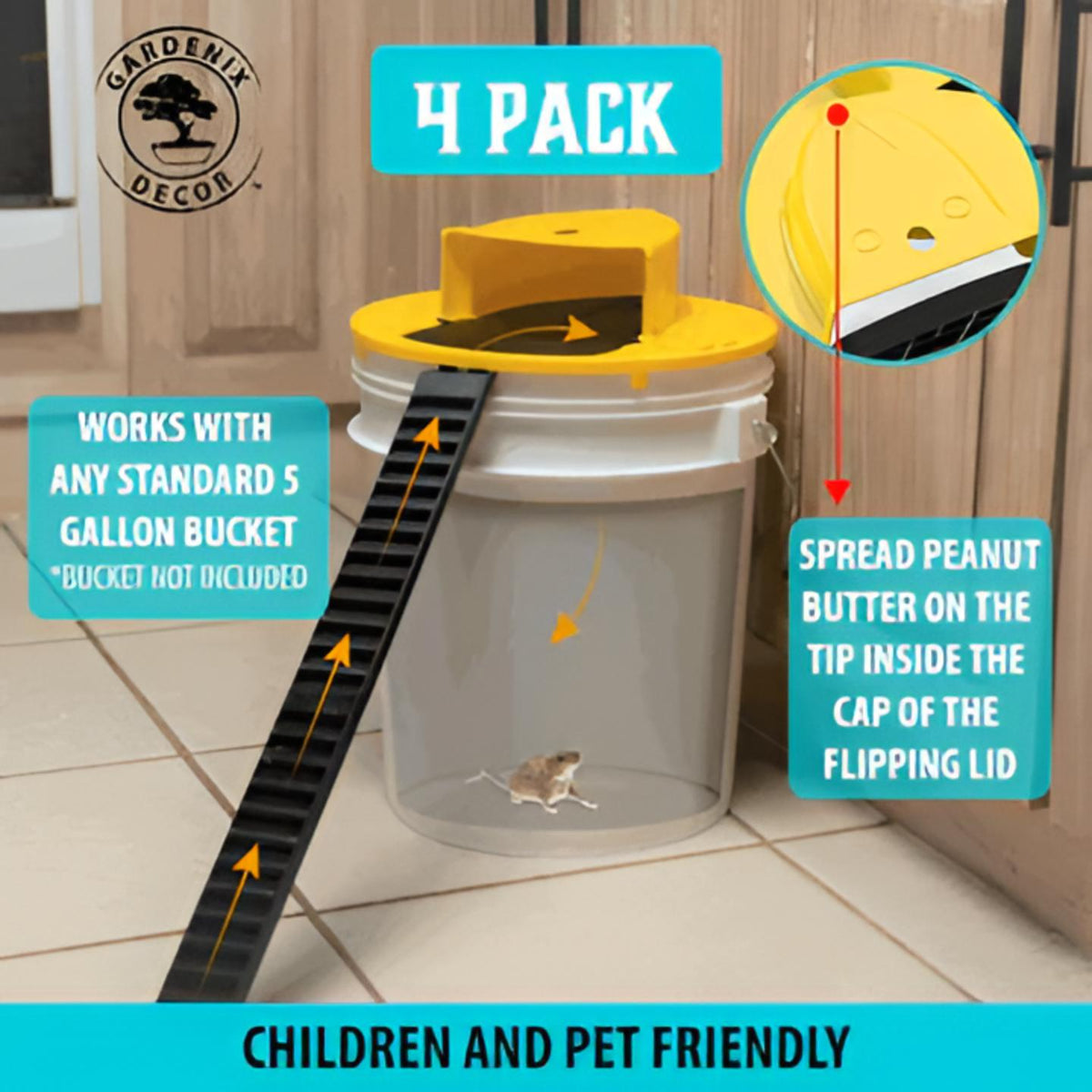 Bucket Lid Mouse Trap 4 Pack | Auto-Reset, Fits Standard 5-Gallon Bucket | Non-Toxic, Weather-Resistant, Catches up to 10 Mice 3