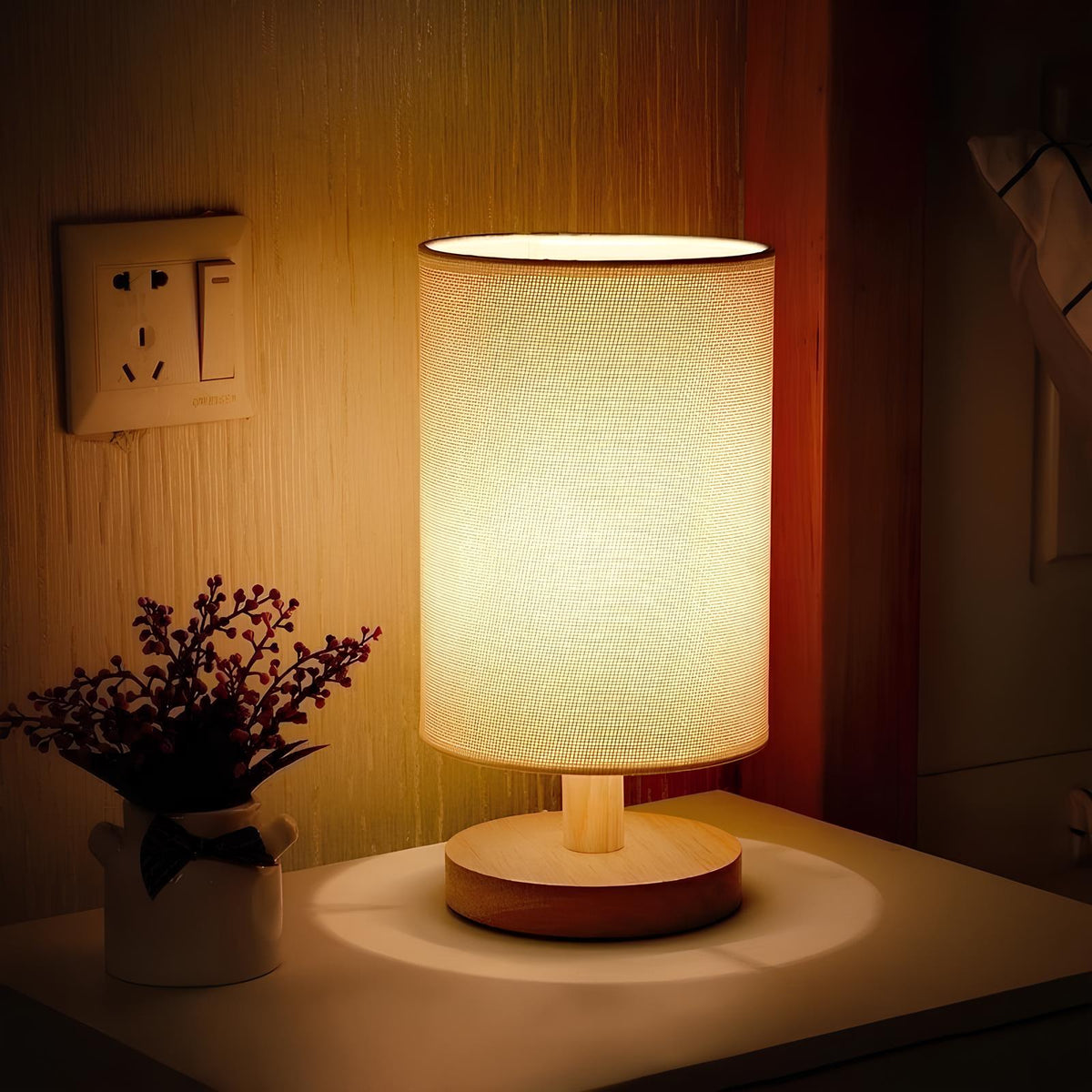 Dimmable Table Lamp with Remote Control, Wood and Cloth | 14 x 28 cm, Plain White or Textured Grey | 3 Light Colours, USB Powered 3