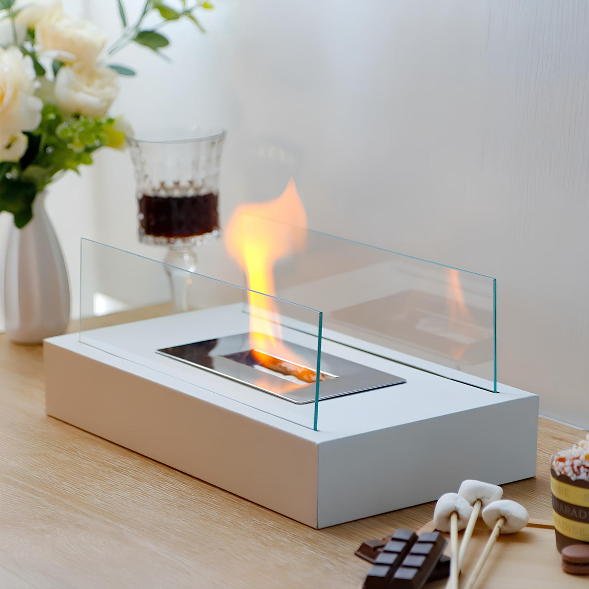 Tabletop Fireplace Metal & Tempered Glass | Ethanol Burner with Reusable Cotton Wick | Indoor & Outdoor Ambiance 14
