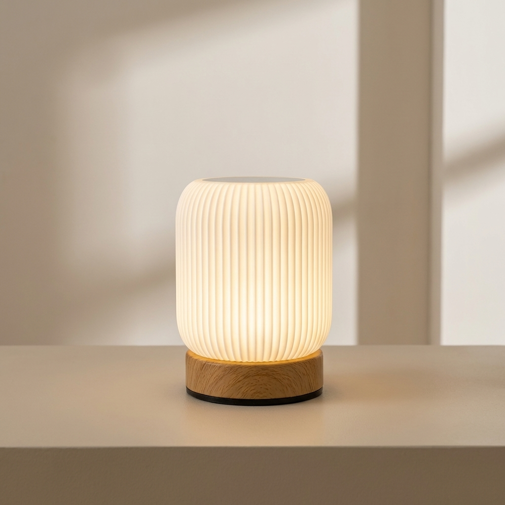 Table lamp with ribbed design and wooden base on a neutral background