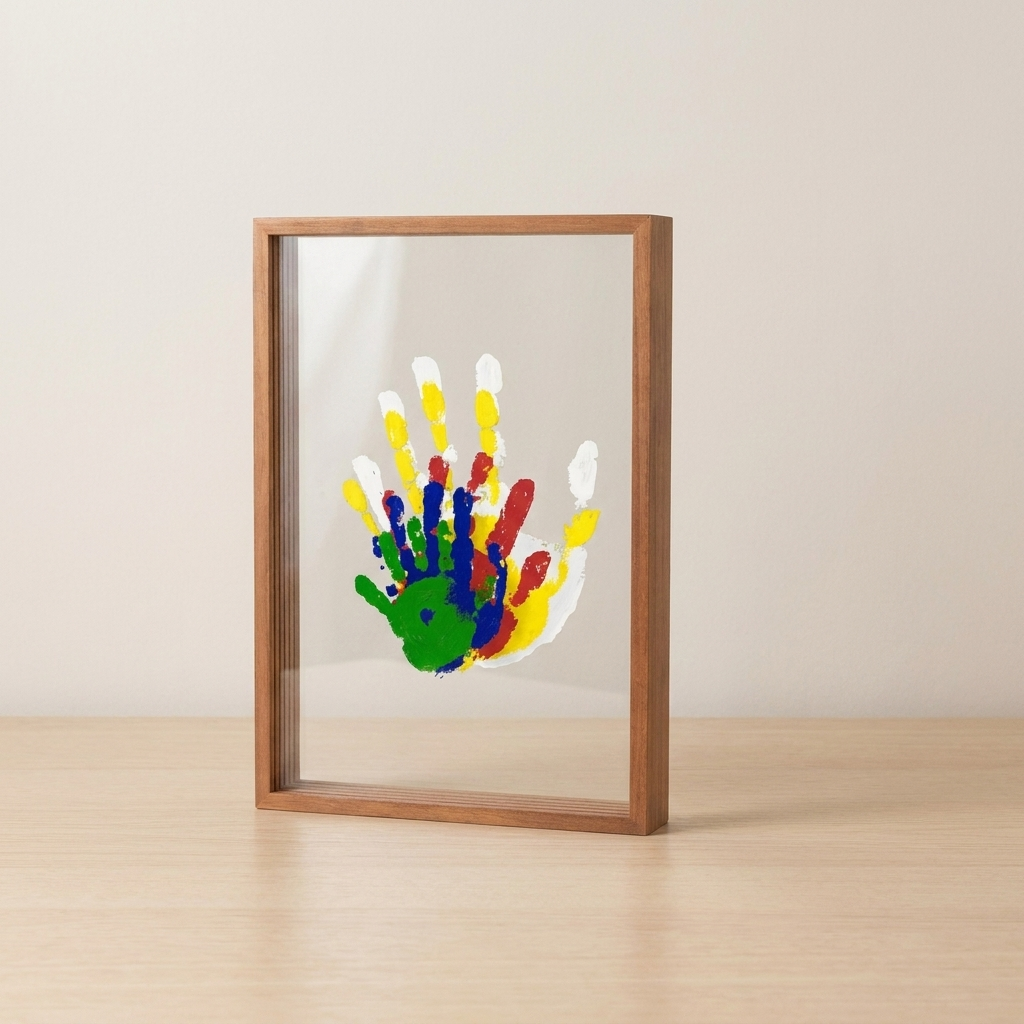 Framed colorful handprint on a plain background