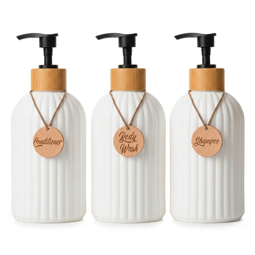Refillable Shampoo Bottle Set with Pump Dispensers | 3-Piece 500ml Bottles | Keeps Bathroom Countertops Organised 6