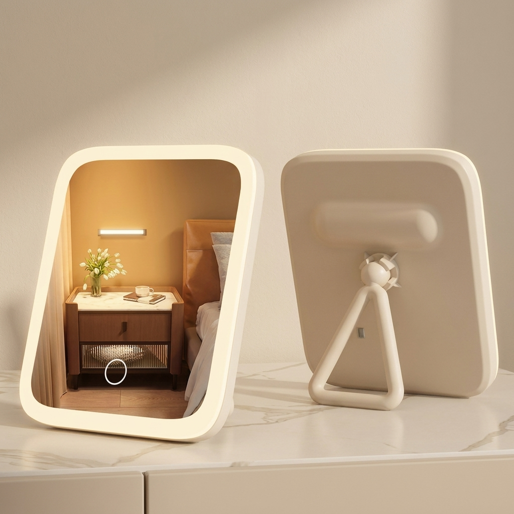 Modern vanity mirror with lighted frame on a countertop