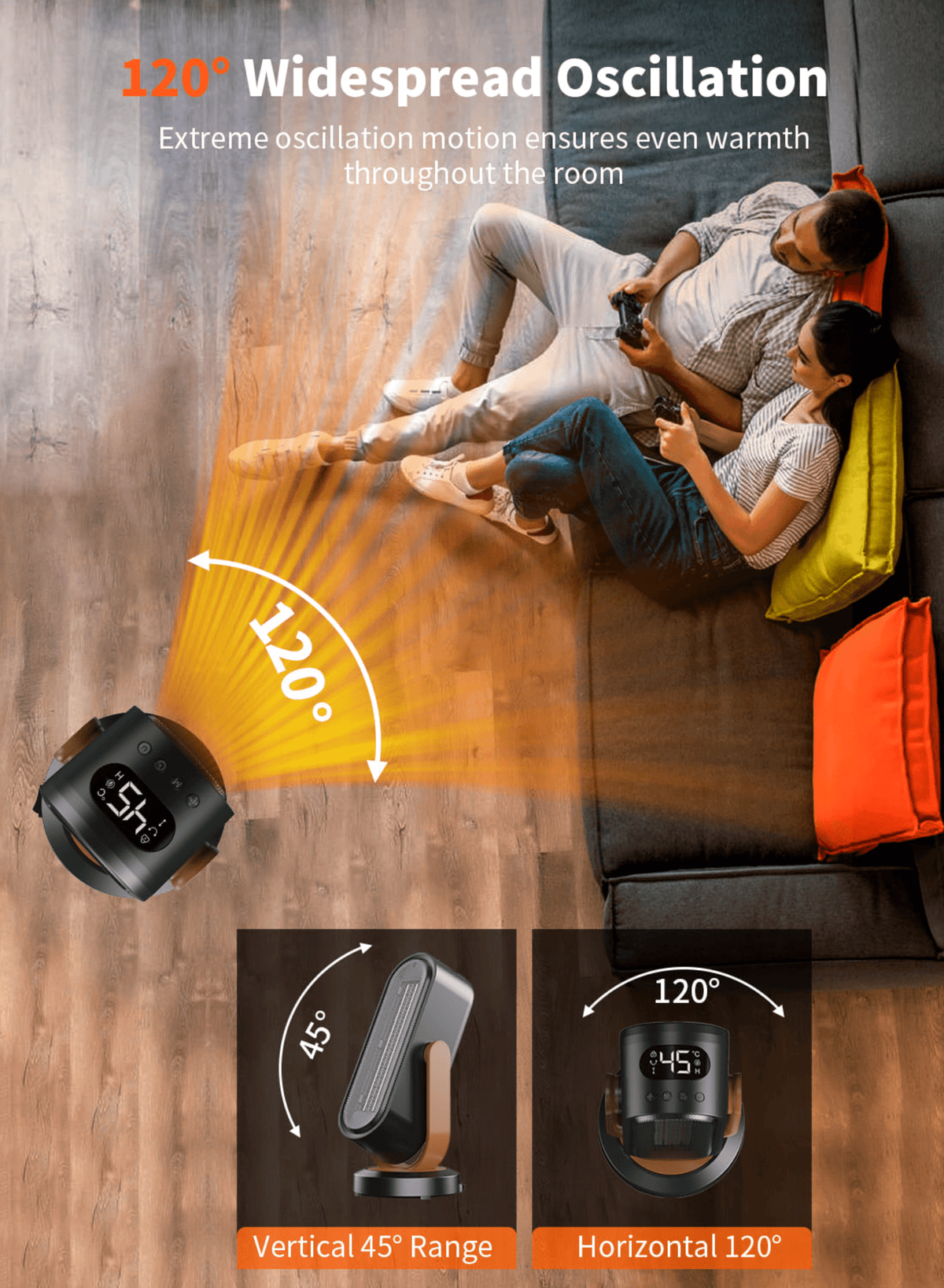 Electric Space Heater with Remote Control | 120° Oscillation, Adjustable Angle | Quiet 45 dB & Child Lock Safety 10