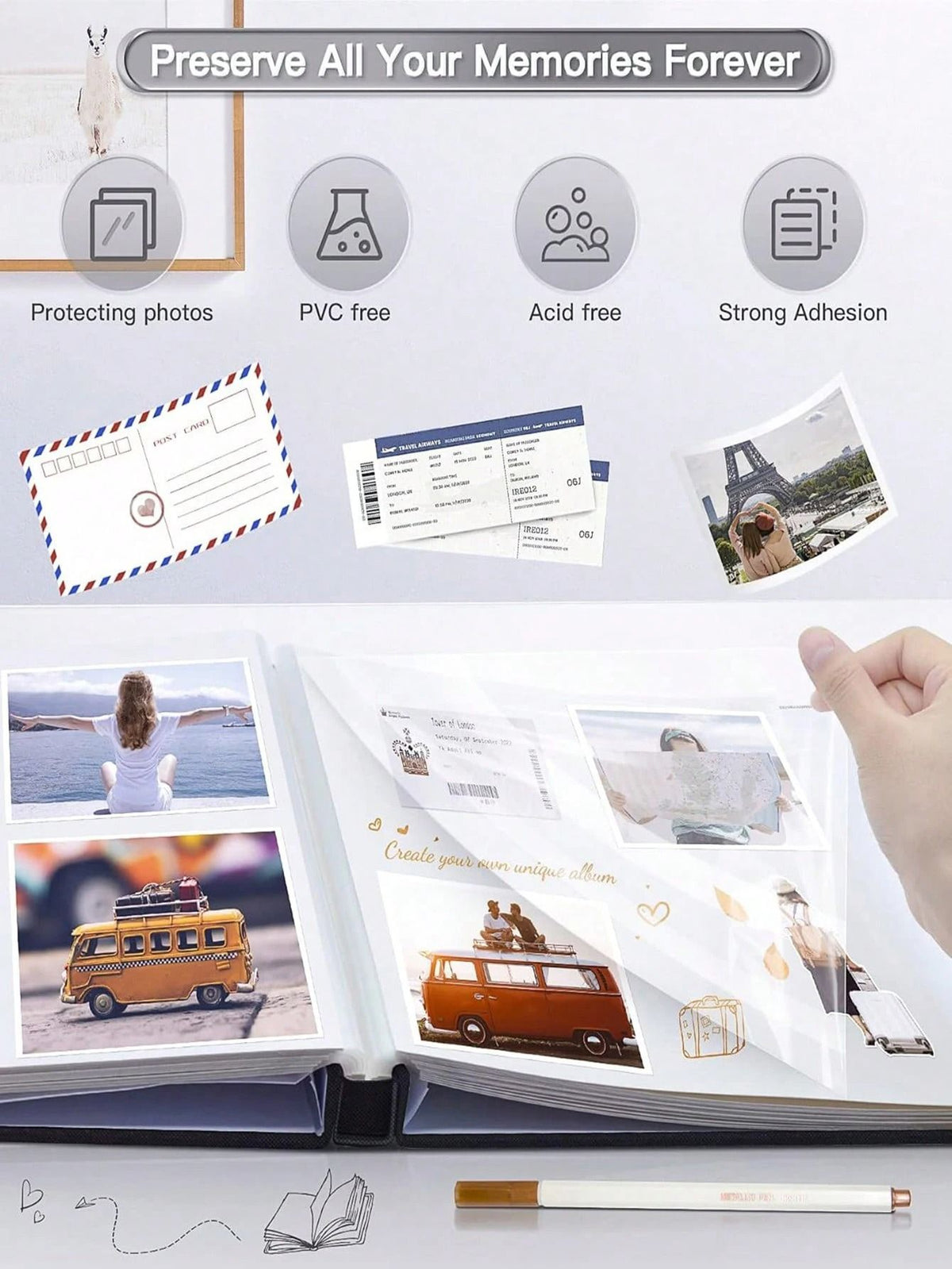 Linen Photo Album Fabric Hardcover | Self-Adhesive Pages Fit 2x3 4x6 5x7 8x10 Photos | No Glue Needed, Reposition Freely 5