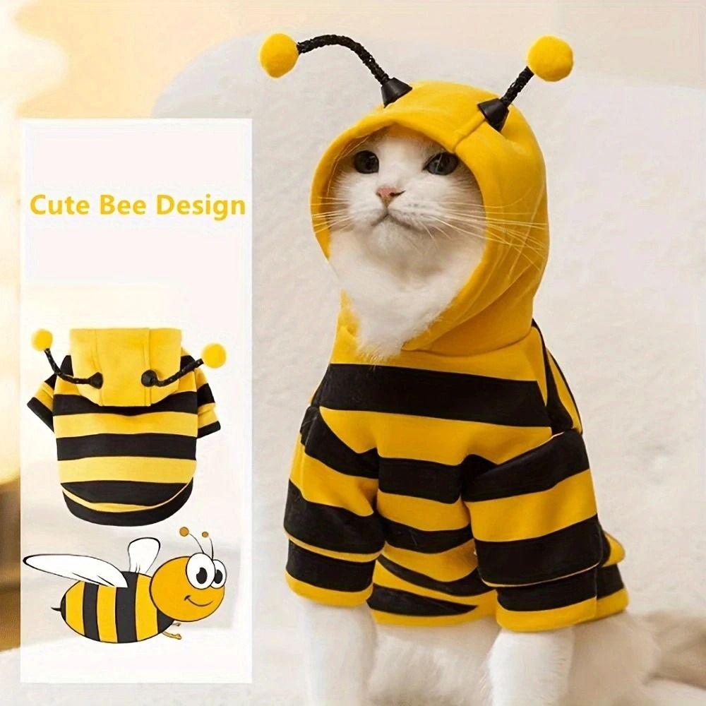 Bee-Print Fleece Hoodie for Pets | Pull-On Design with Pompom Antennas | Warm Winter Costume for Small Dogs and Cats 1